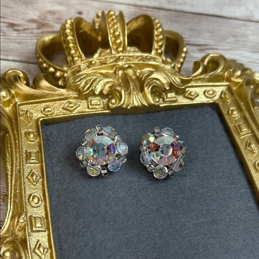Vintage Crystal AB Cluster Clip On Earrings